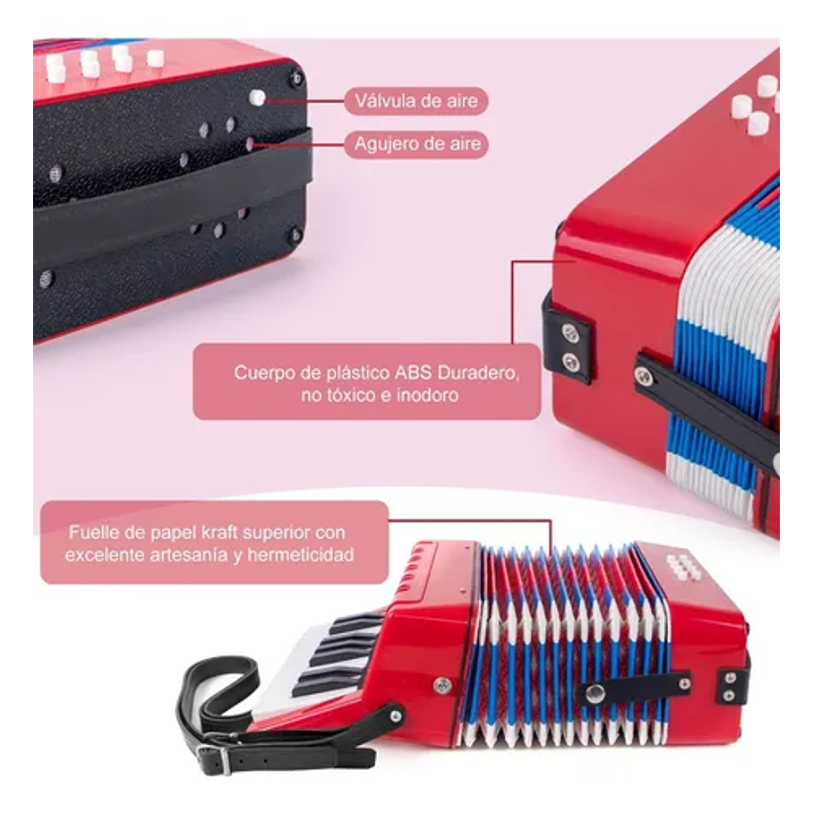 Acordeón 17 Teclas 8 Botones De Bajo Mediano Kids Nutech Color Rojo Instrumento Musical De Aprender Para Niños  6