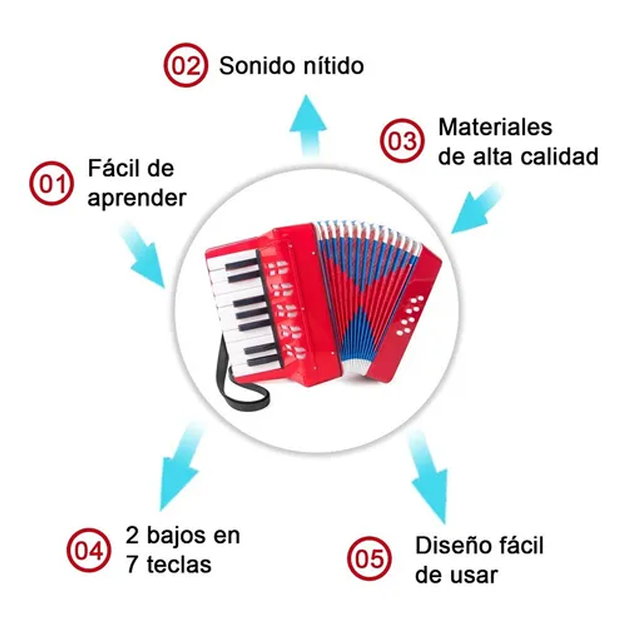 Acordeón 17 Teclas 8 Botones De Bajo Mediano Kids Nutech Color Rojo Instrumento Musical De Aprender Para Niños  7