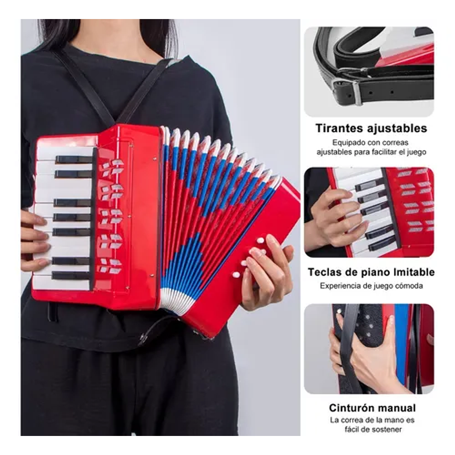 Acordeón 17 Teclas 8 Botones De Bajo Mediano Kids Nutech Color Rojo Instrumento Musical De Aprender Para Niños  9