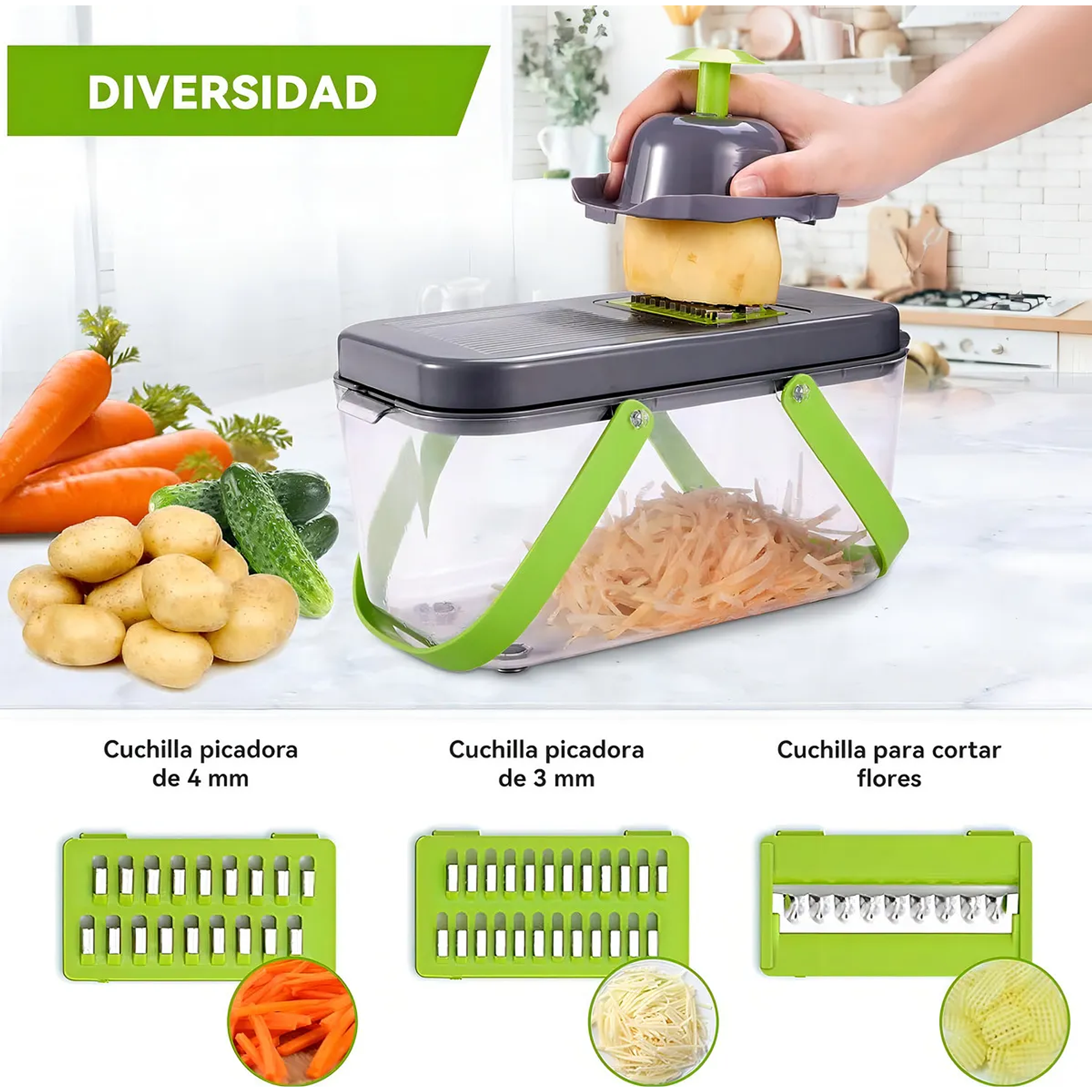 Cortadora De Verduras Y Frutas Cortador Frutas Y Verduras Color Verde Con 12 Piezas 4