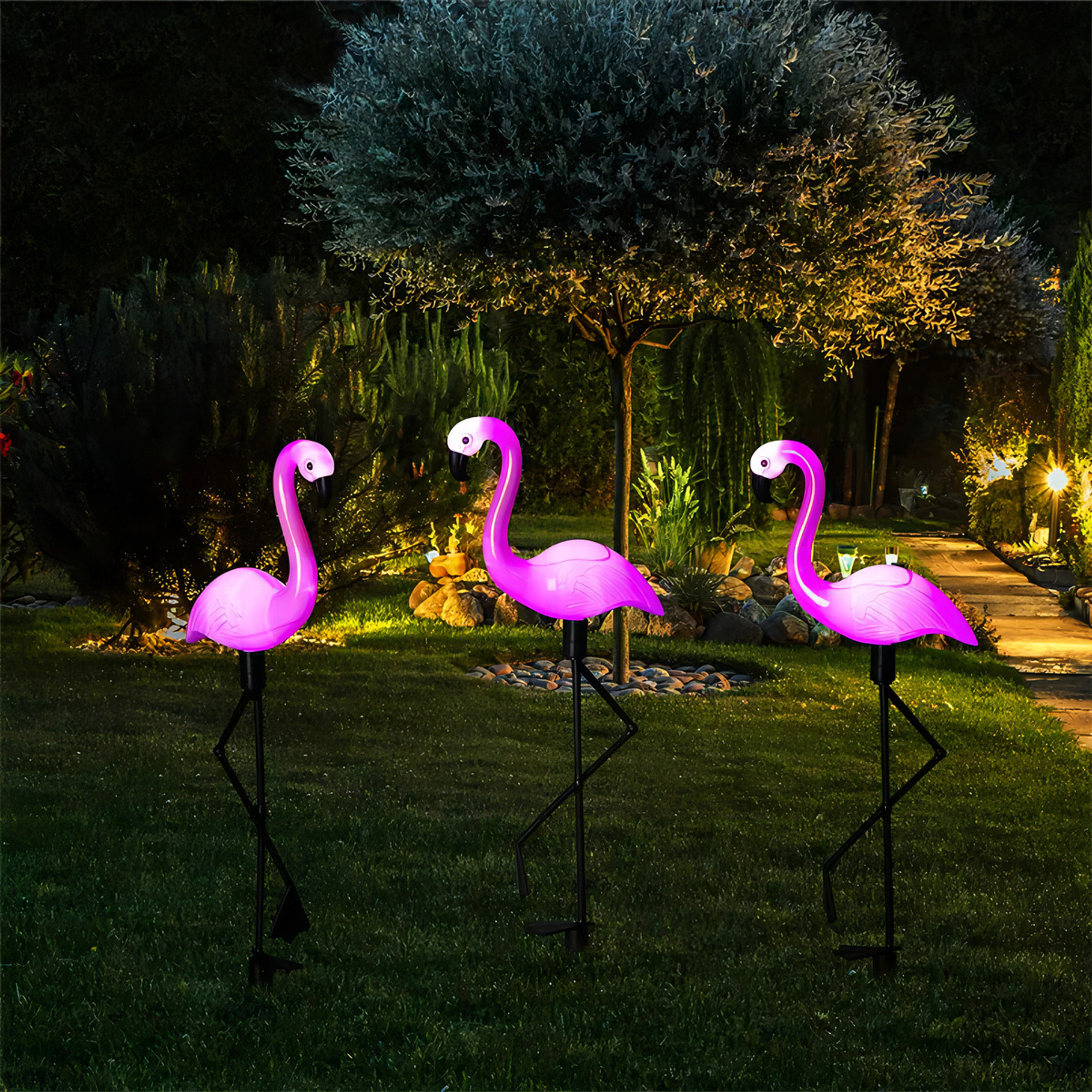 Pack 3 Flamingo Luces Led Solar Estaca Decoración Jardín Exterior Carga Solar Encendido Automático 3