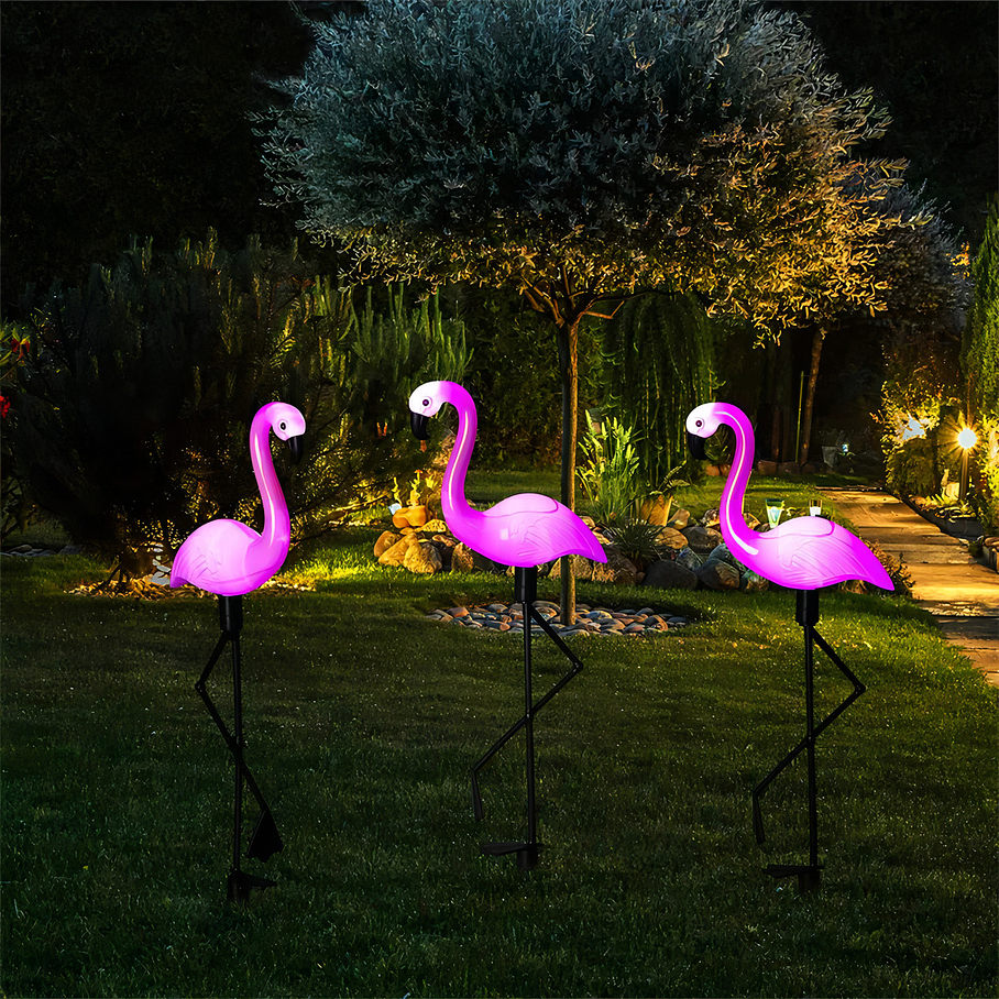 Pack 3 Flamingo Luces Led Solar Estaca Decoración Jardín Exterior Carga Solar Encendido Automático 3