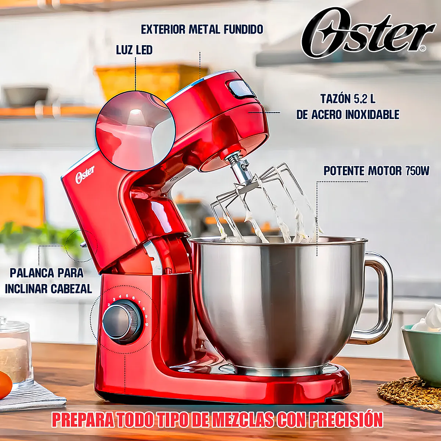 Batidora planetaria Oster® FPSTSMPL3R Rojo con 10 velocidades 5.2 Litros Batidora De Pedestal 7