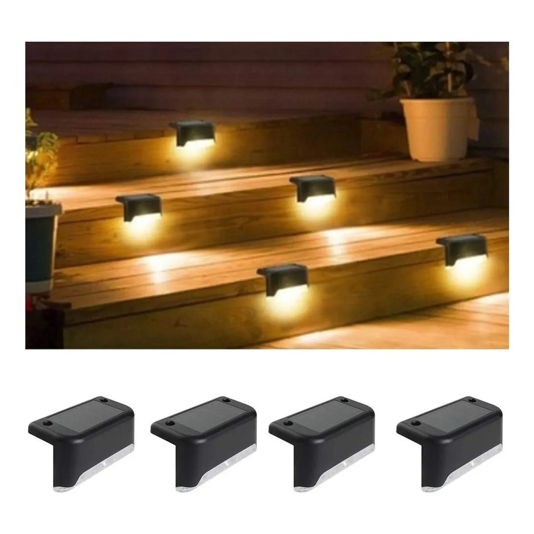 Kit 4 Luces Solares Patio Jardín Para Escaleras Y Muros Estructura Negro 1