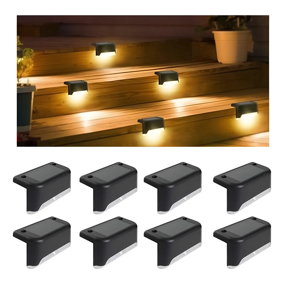 Kit 8 Luces Solares Patio Jardín Para Escaleras Y Muros Estructura Negro 1