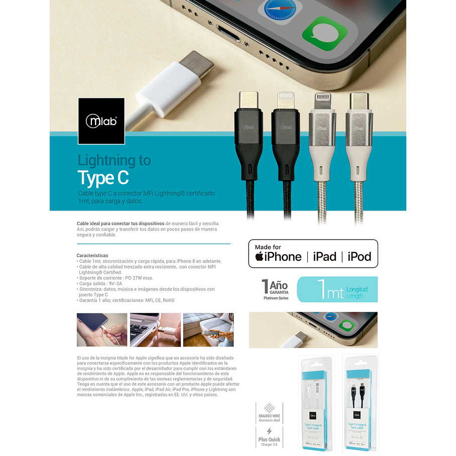 Cable Certificado Lightning a Type C Silver 9264 Cable Mallado Resistente Mlab  5