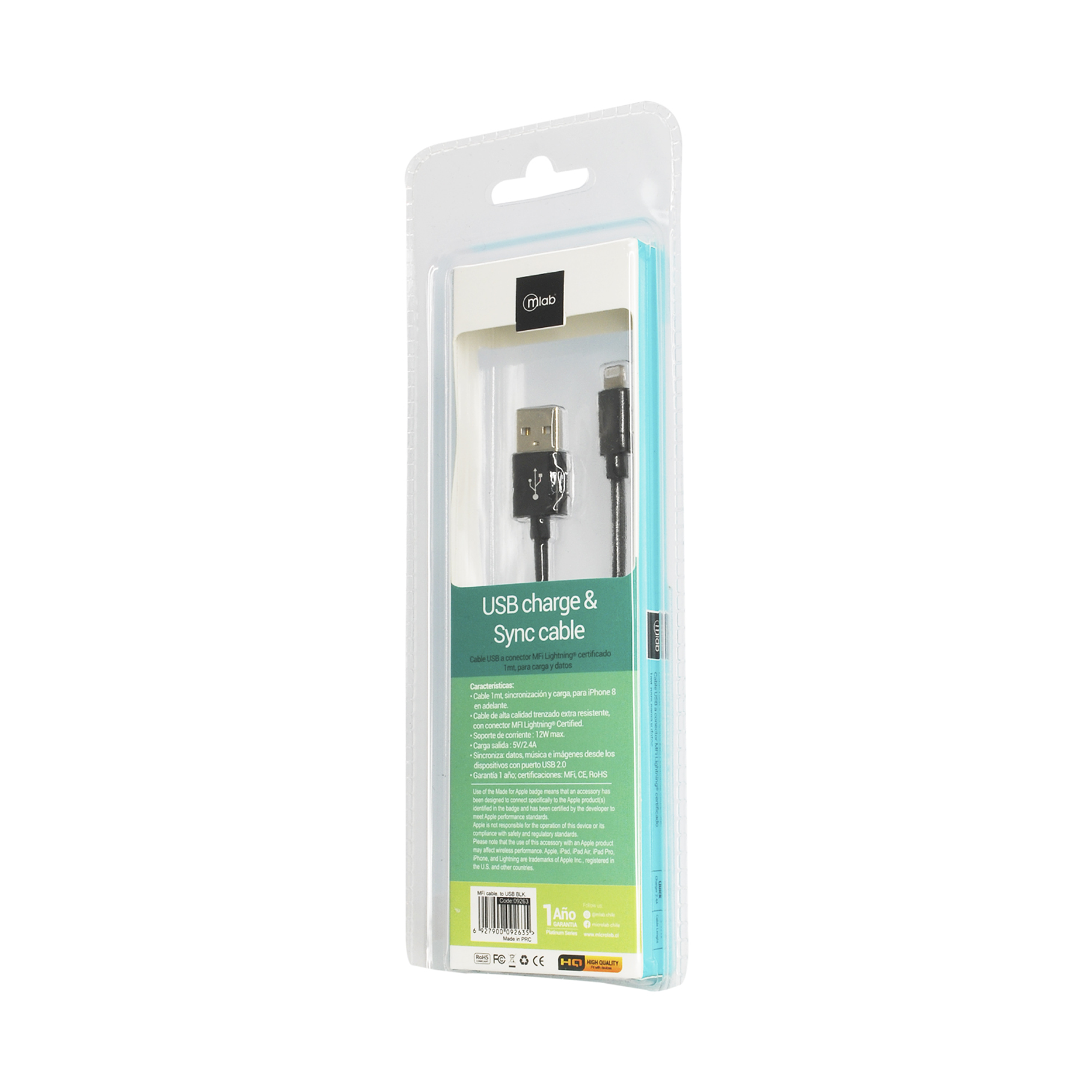 Cable Certificado Lightning a USB Black 9263 Mallado Calidad Alta 3