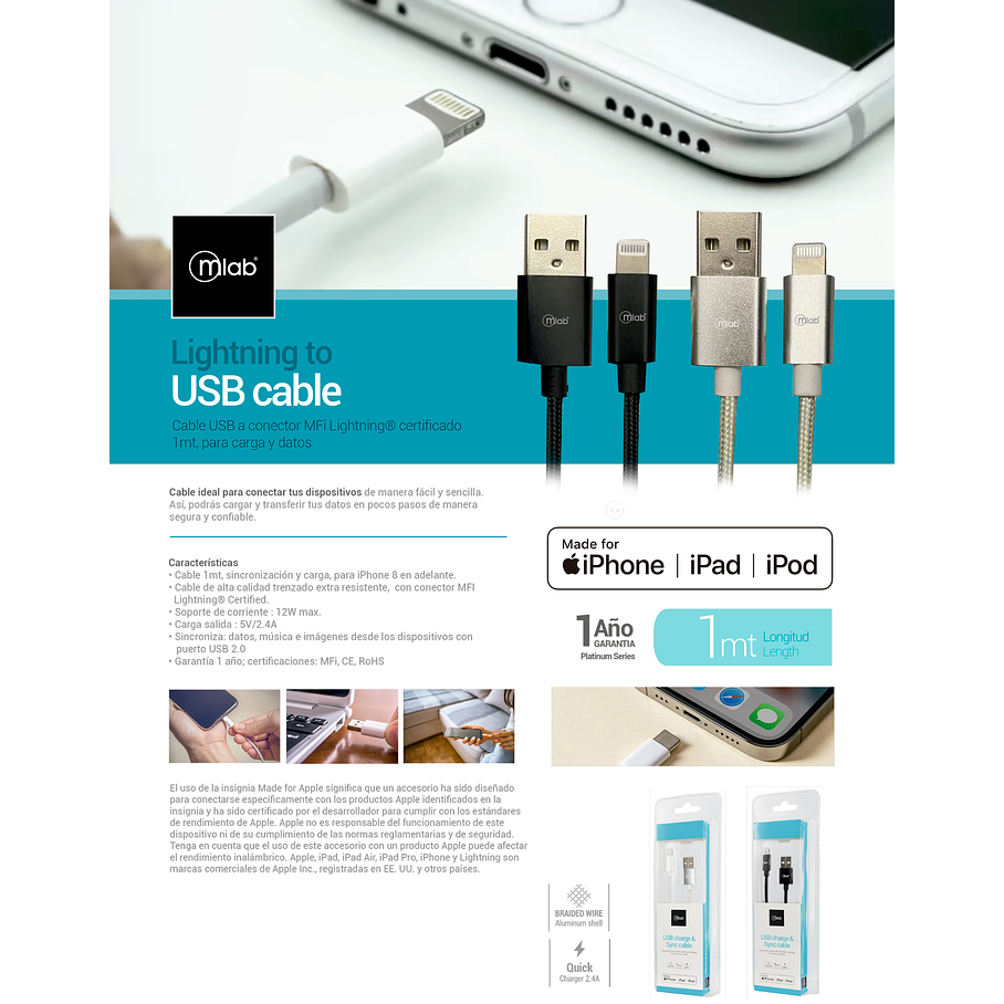 Cable Certificado Lightning a USB Black 9263 Mallado Calidad Alta 4
