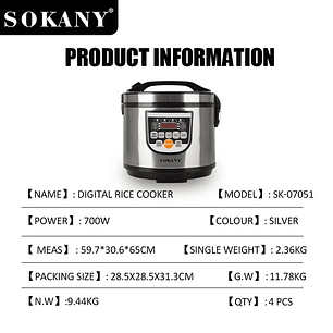 Olla Eléctrica Sokany SK-07051 Cooker Digital Con Diseño Válvula De Escape Y Escape De Una Tecla