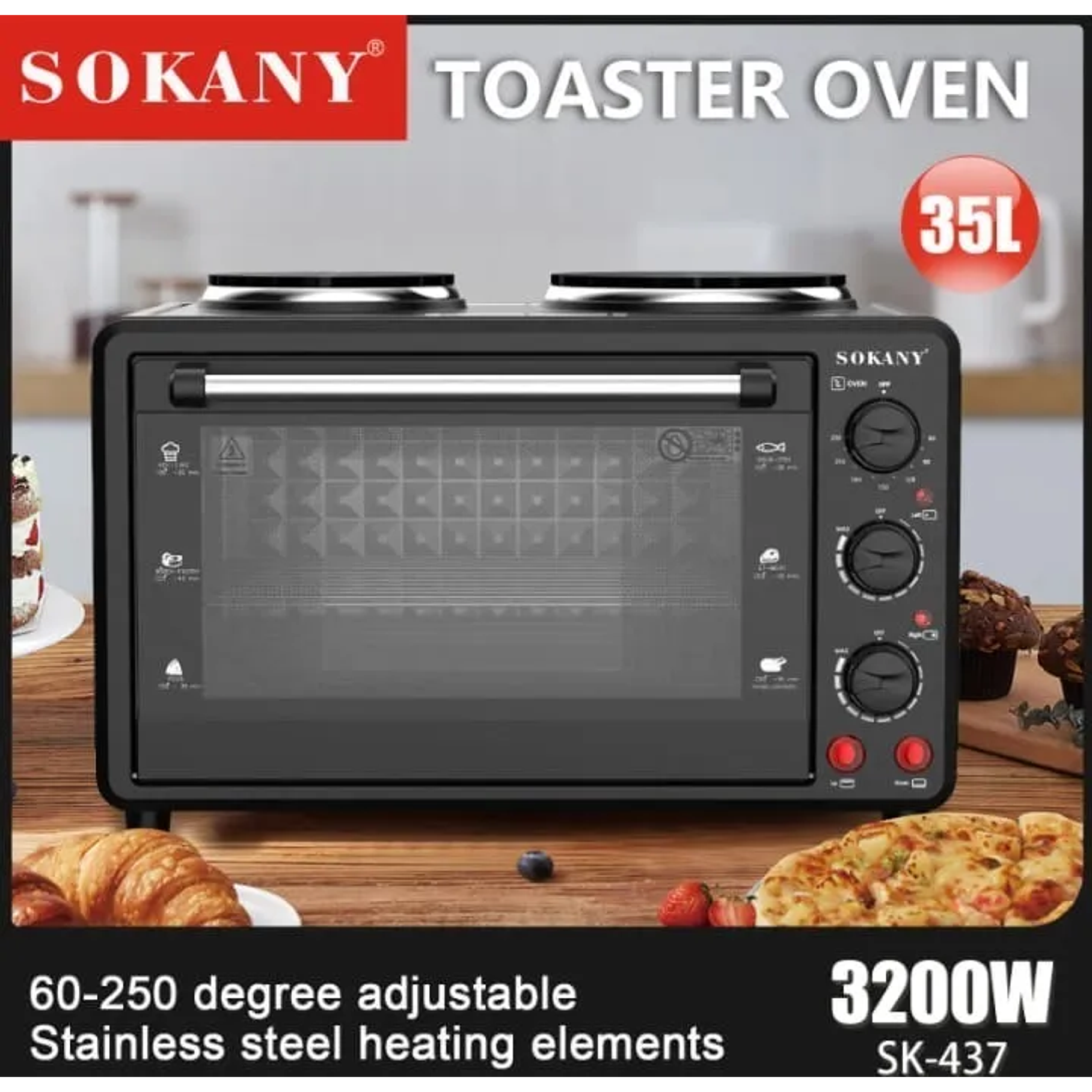 Horno Para Tostador Multifuncional 2 Hornillas Eléctricas 2 En 1 Eléctrico 35 Lts 3200w Sokany Negro 3