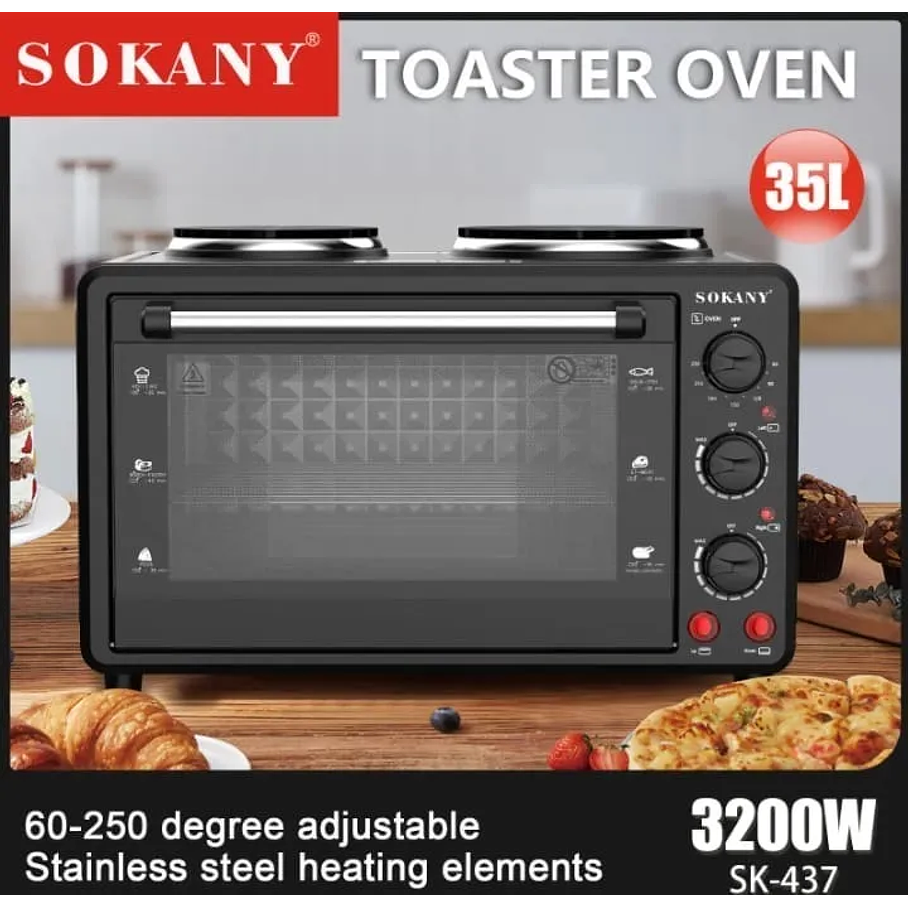 Horno Para Tostador Multifuncional 2 Hornillas Eléctricas 2 En 1 Eléctrico 35 Lts 3200w Sokany Negro 3