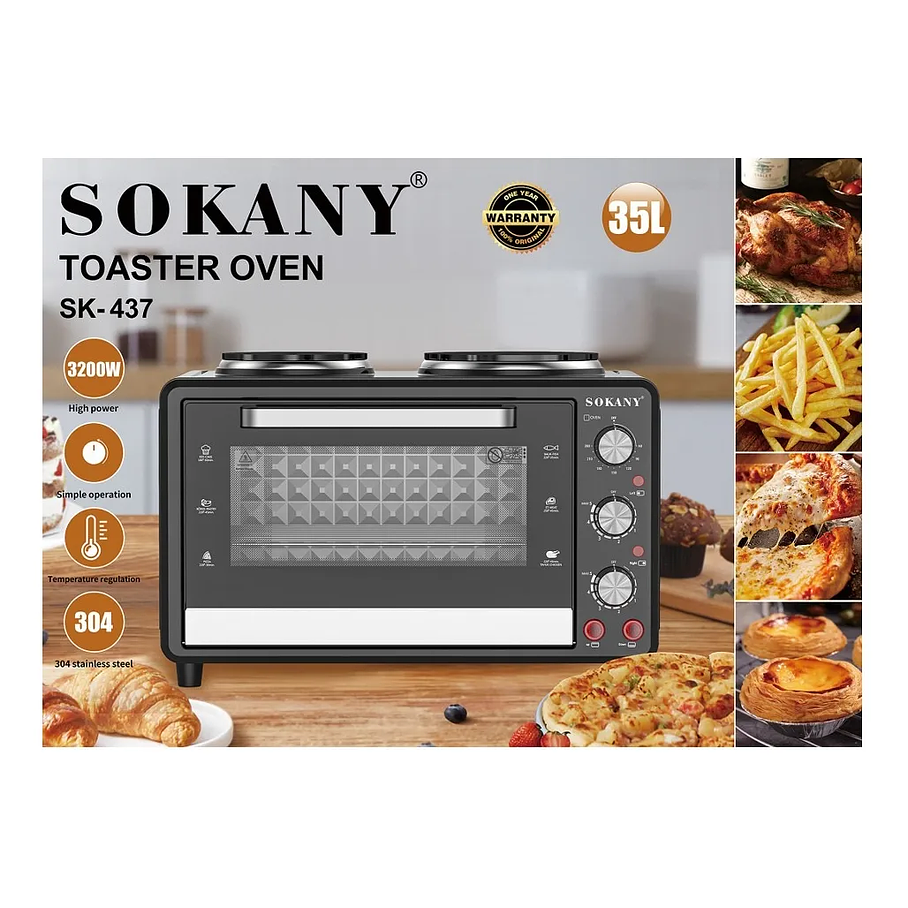 Horno Para Tostador Multifuncional 2 Hornillas Eléctricas 2 En 1 Eléctrico 35 Lts 3200w Sokany Negro 5