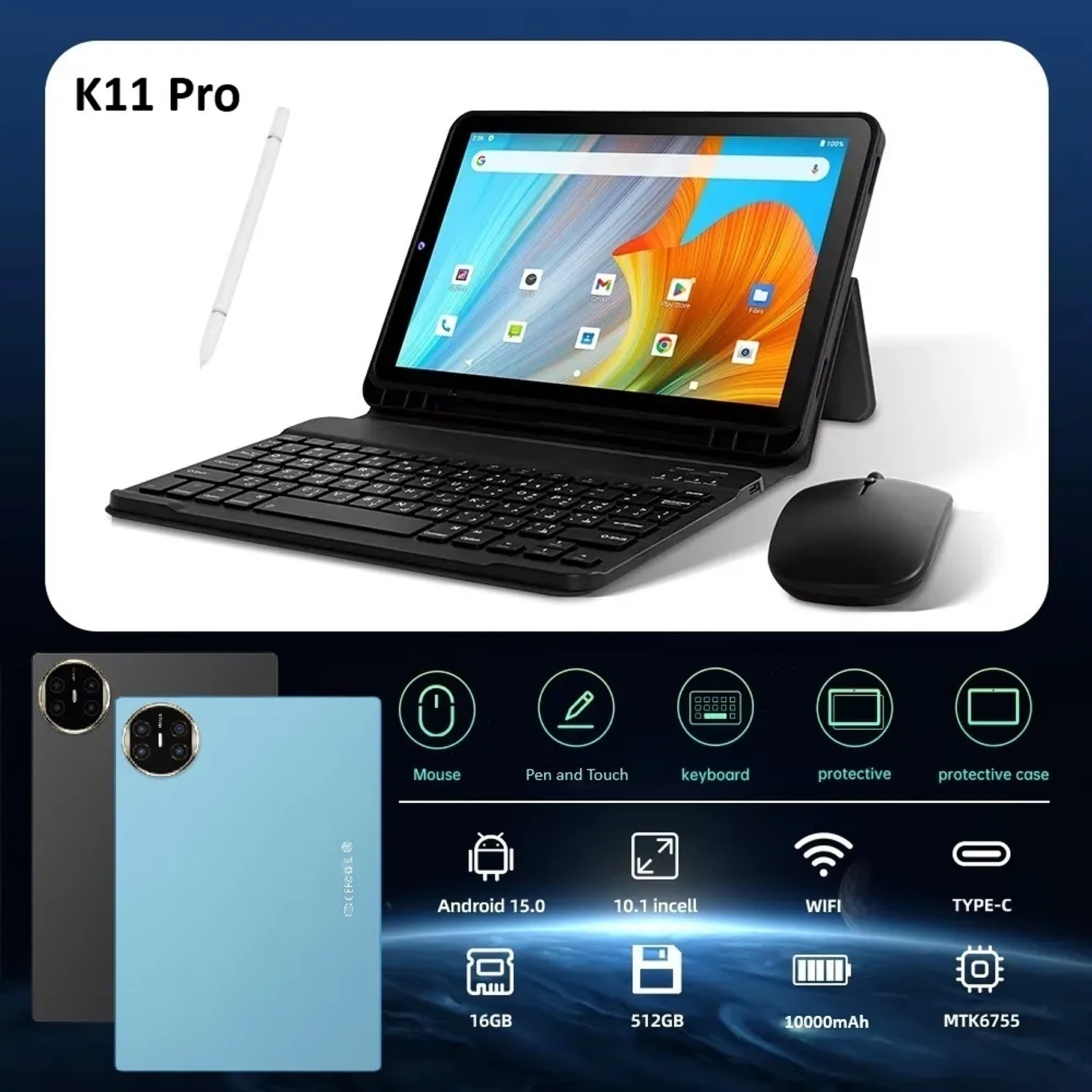 Tablet K11 Pro Pantalla Táctil 10.1 Pulgadas 5g Android 15 Con 16gb Ram 512gb Memoria Batería 10000mah 7