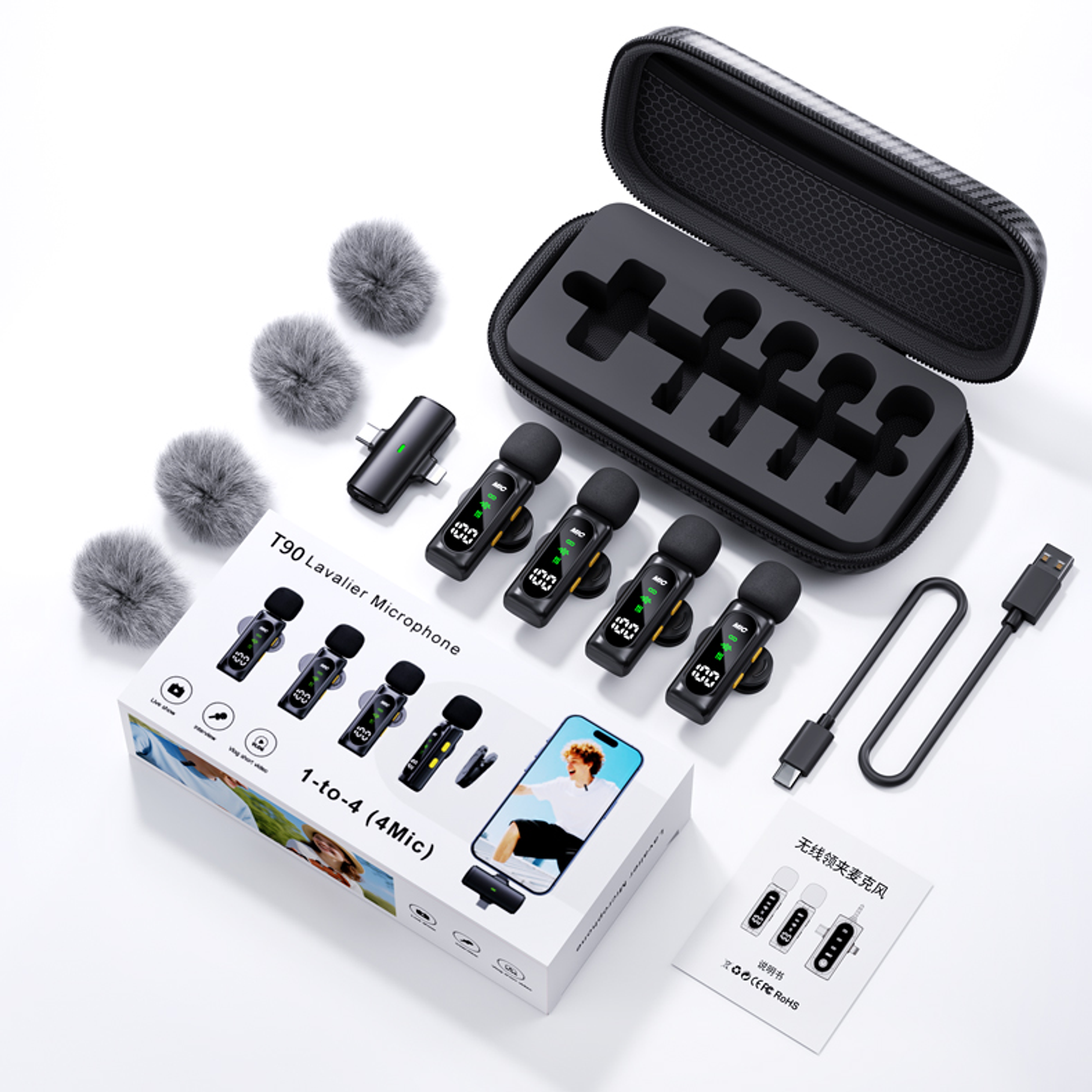 Micrófono Lavalier Portátil 4 En 1 T90 De Alta Calidad Micrófono Lavalier Ligero Con 4 Micrófonos Pantalla Digital Y Cancelación De Ruido 1