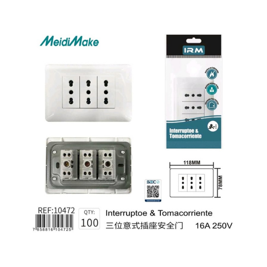 Enchufe Corriente 2RL Blanco 16A 250V Toma Corriente Triple Segura y Resistente Para Instalaciones Certificado 2