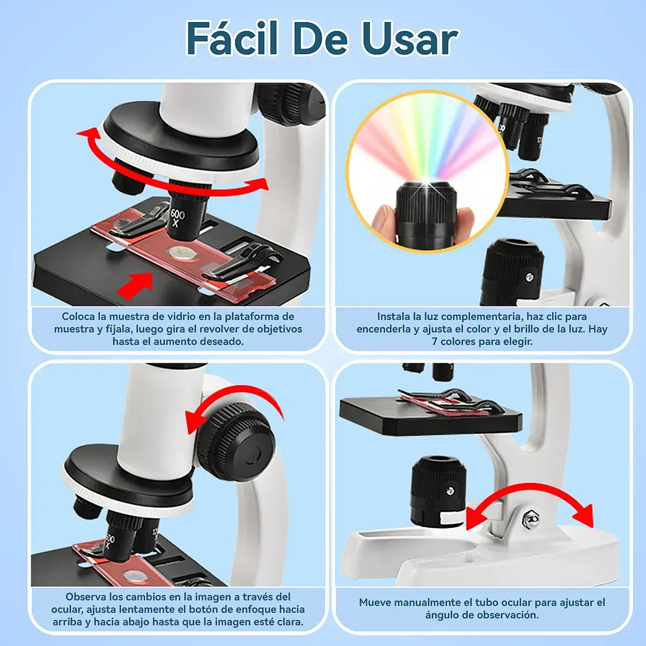 Microscopio Óptico Compuesto Didáctico 1200x Con Luz Led 8 Colores Para Niños Aprendizaje 2RL 7