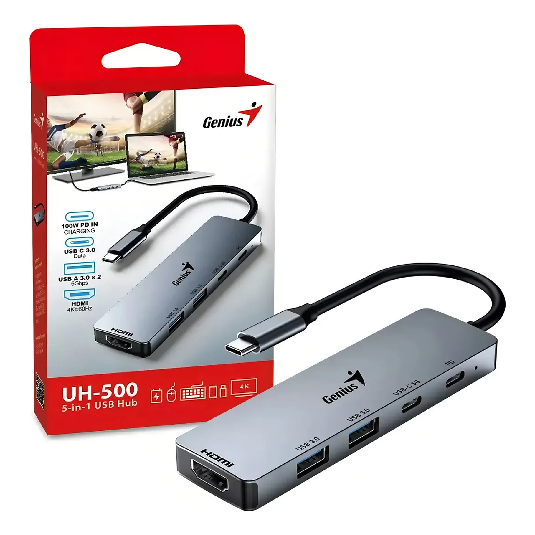 Hub Genius Uh-500 5 En 1 Usb Tipo C Hdmi Usb 3.0 Usb C Pcreg Color Gris Oscuro 1