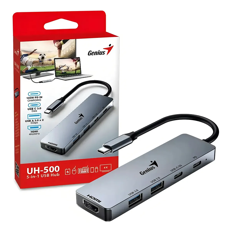 Hub Genius Uh-500 5 En 1 Usb Tipo C Hdmi Usb 3.0 Usb C Pcreg Color Gris Oscuro 1