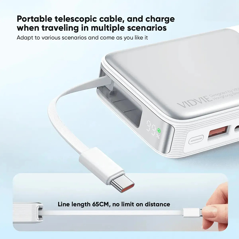 Power Bank Vidvie 10000 Mah Retractable Type-c Charging Cable Power Bank PB7028 7