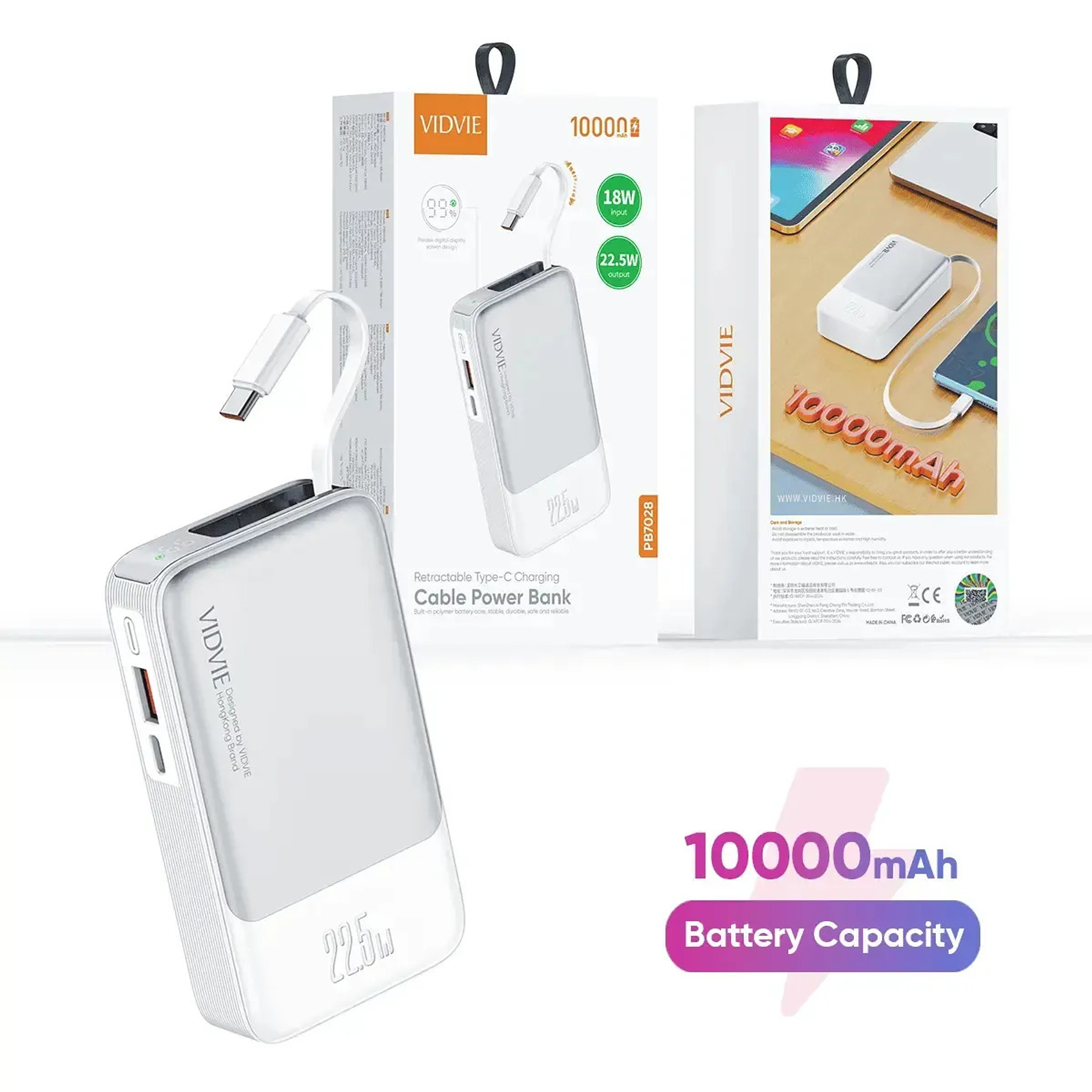 Power Bank Vidvie 10000 Mah Retractable Type-c Charging Cable Power Bank PB7028 1