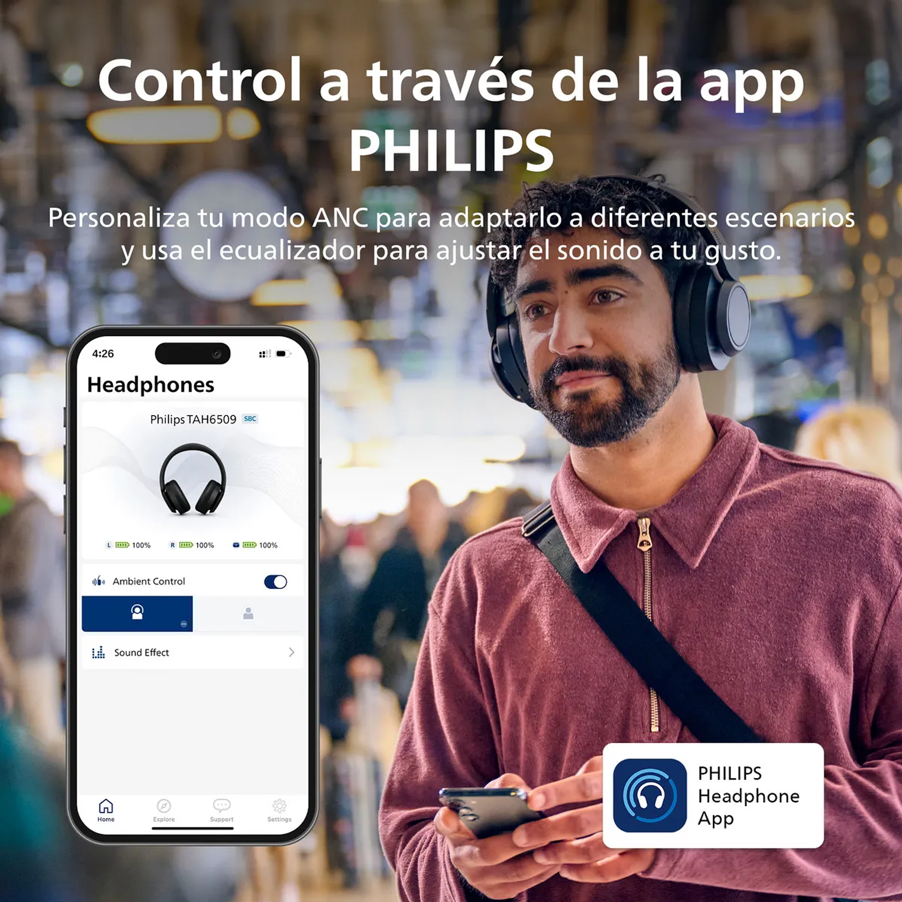 Audífonos Inalámbricos Bluetooth Philips Noise Cancelling TAH6509 Headband Color Negro - Supraaurales ANC 70H 9