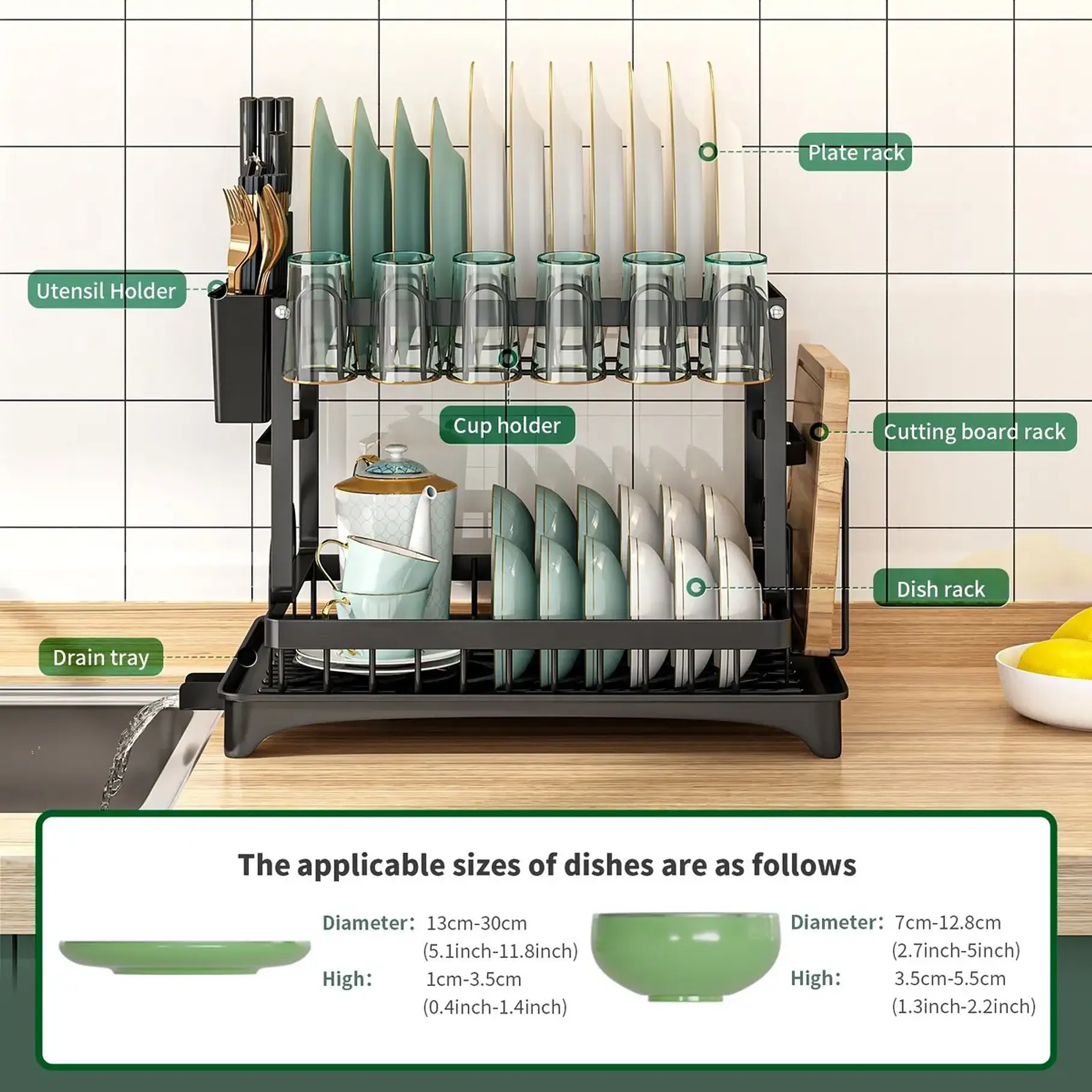 Escurridor De Platos 2 Niveles Secador Loza Inoxidable Rack Organizador De Cocina 7