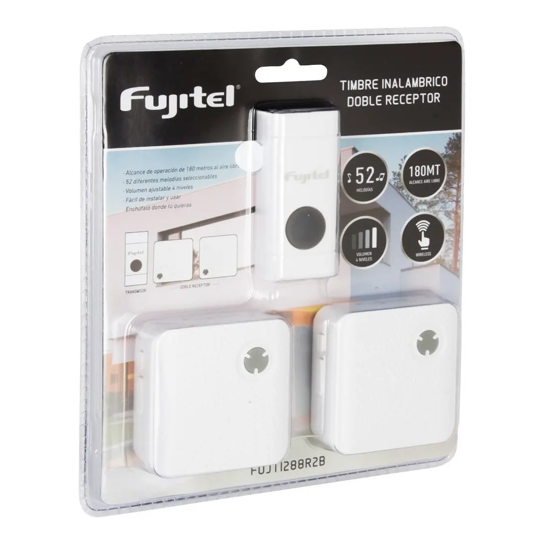 Timbre Inalámbrico Fujitel Doble Receptor 52 Melodías Blanco 180m 1