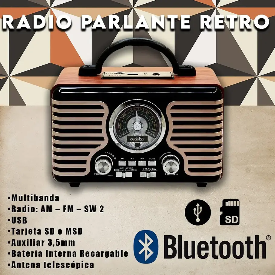 Radio Analógica Audiolab BTRETRO05 AM FM SW Bluetooth Portátil USB SD 7