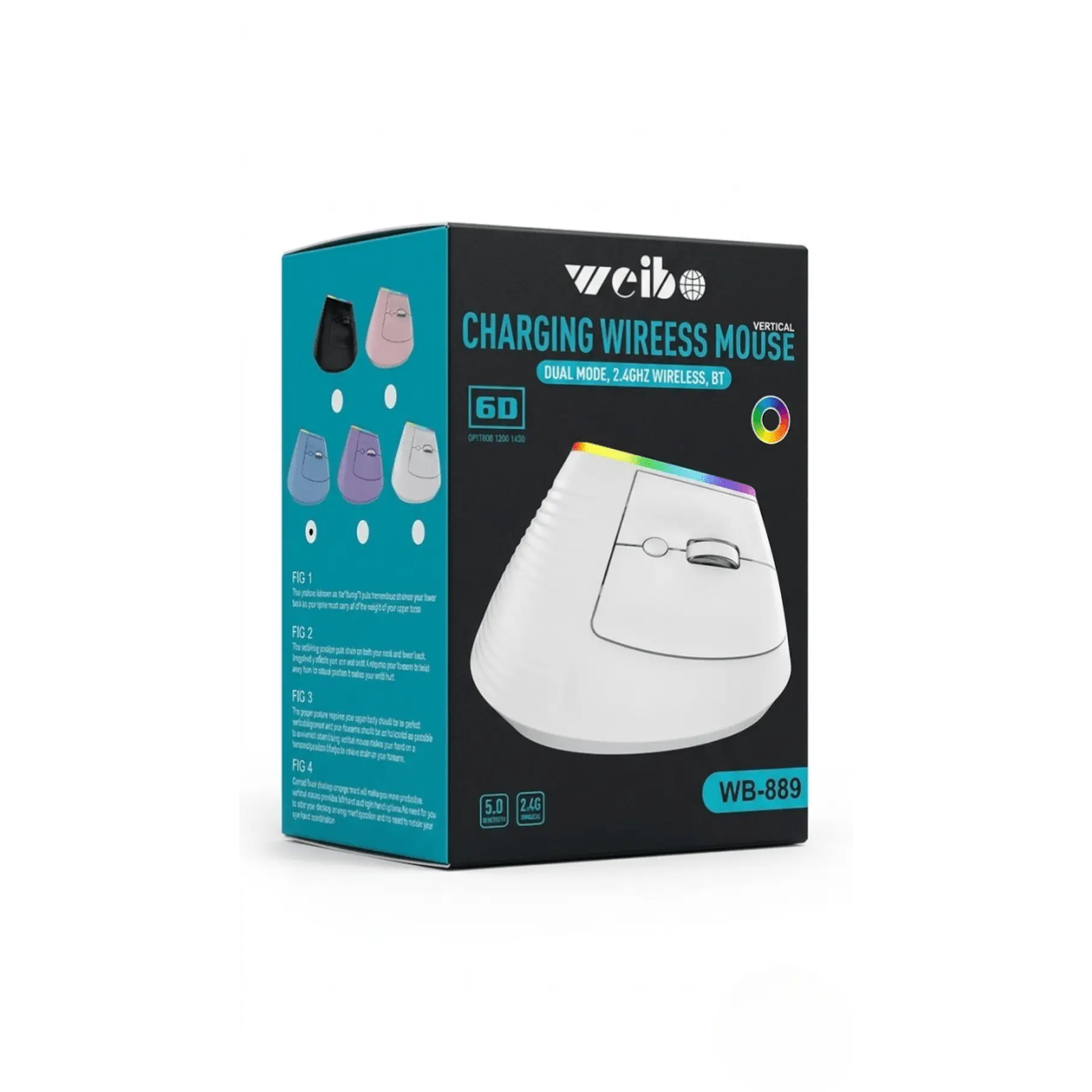 Mouse Vertical Inalámbrico Ergonómico WB-889 - 5 Colores BK/PK/BL/PU/WH 1