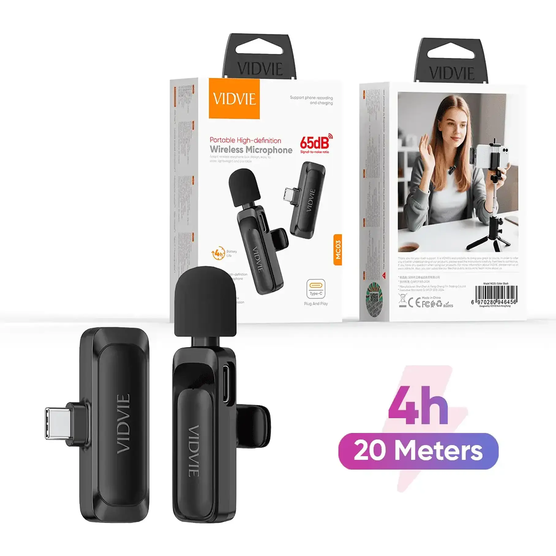 Micrófono Solapa Y Transmisor Inalámbrico Usb-c Vidvie Mc03 2