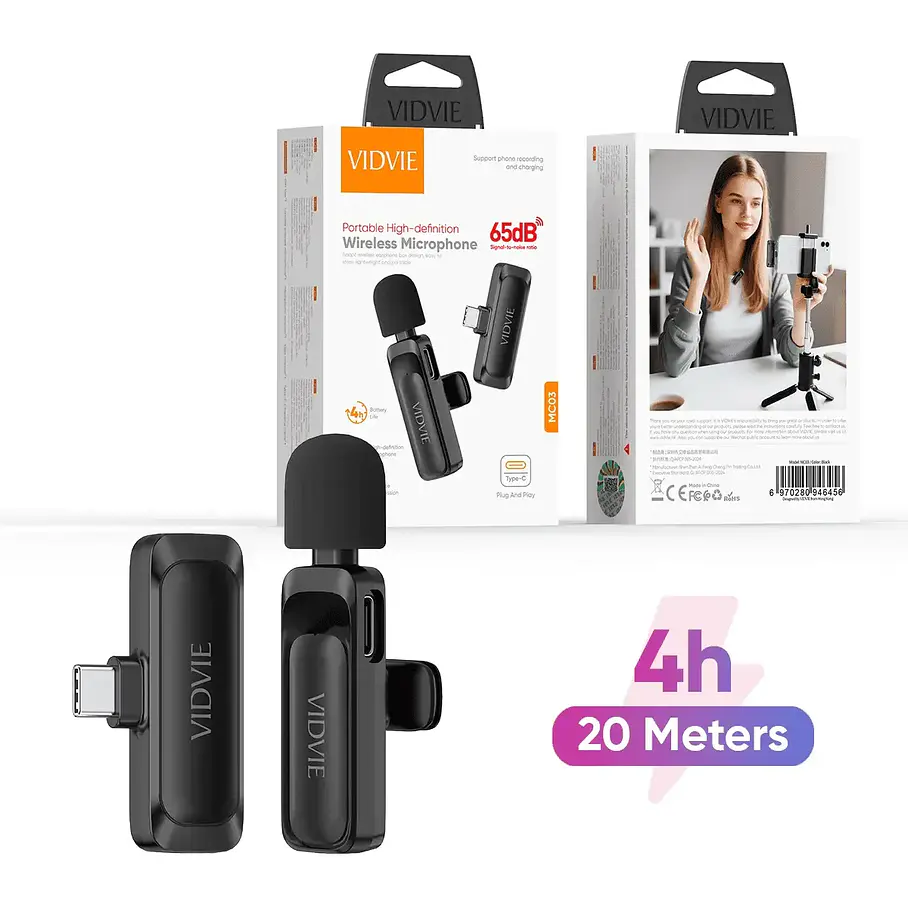 Micrófono Solapa Y Transmisor Inalámbrico Usb-c Vidvie Mc03 2