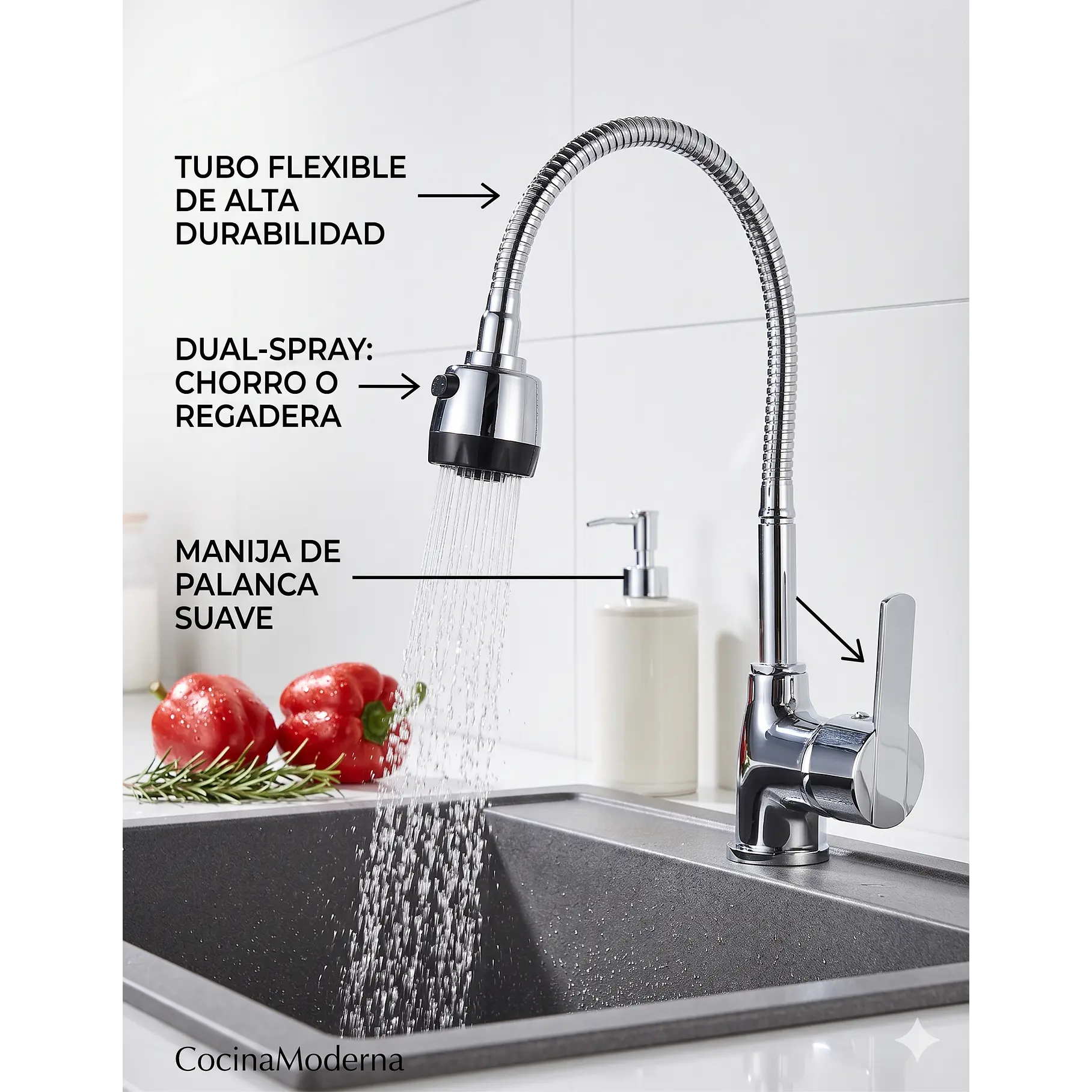 Llave Grifería Lavaplatos Flexible Doble Chorro Multifuncional Fregadero Mezclador De Agua Monomando 3