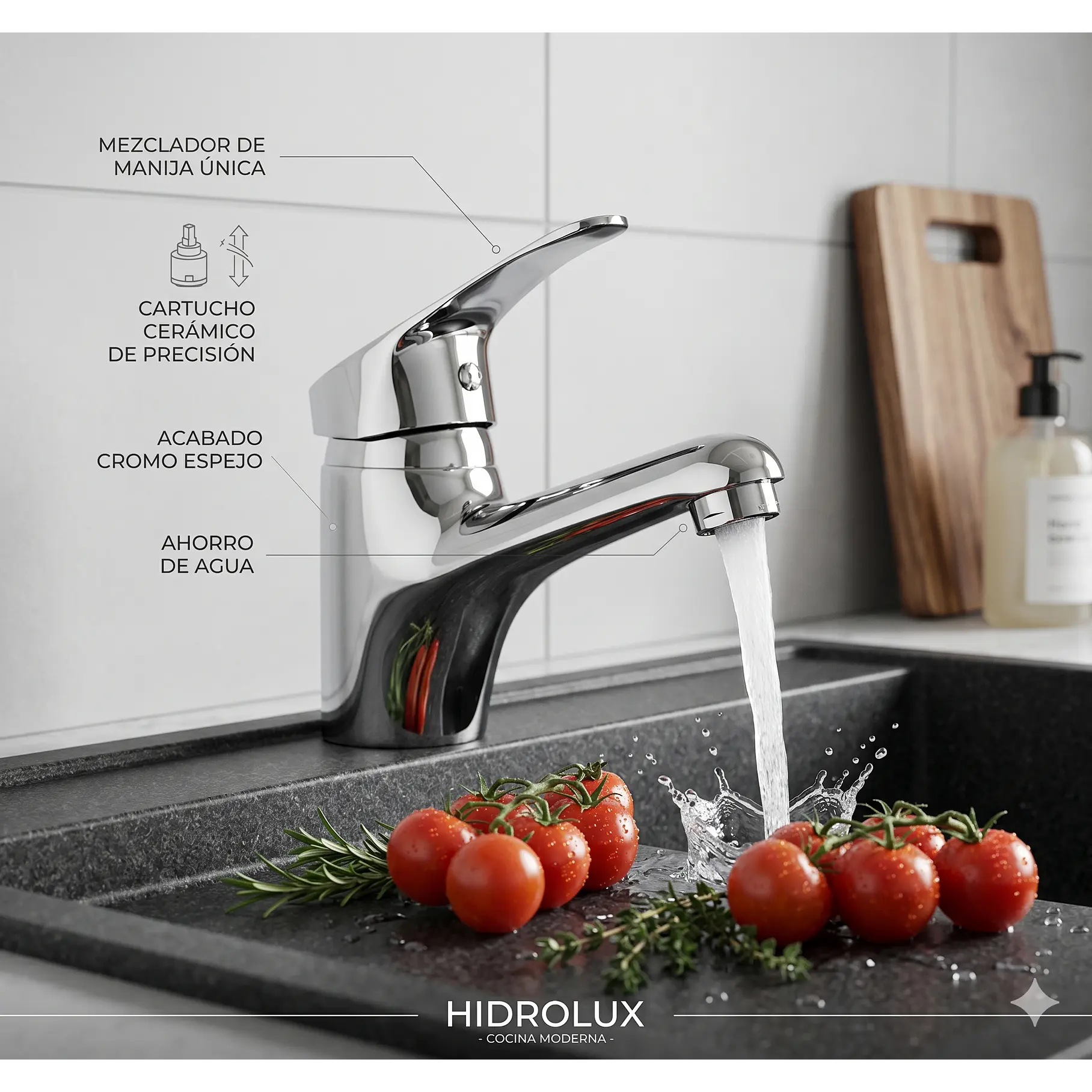 Llave Monomando Lavamanos Cromado + Flexibles 2RL Brillante Modelo Acero Inoxidable 5