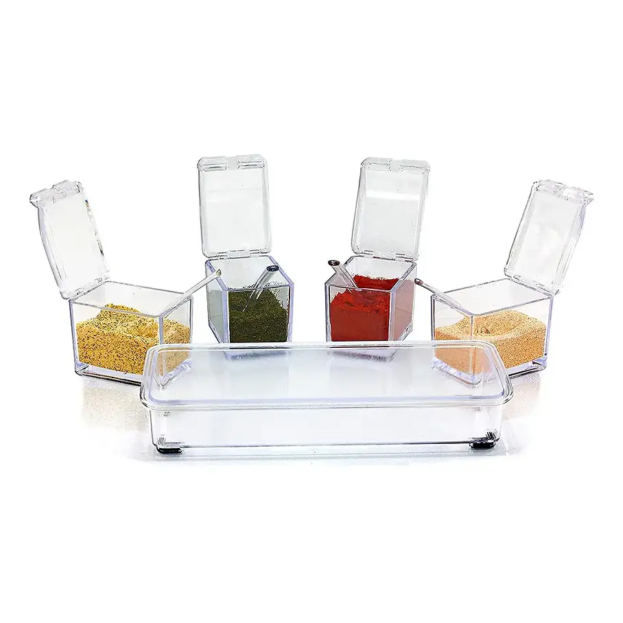Especiero Condiméntero De Mesa Crystal 4 Tarros Acrílico Transparente Cuchara  4