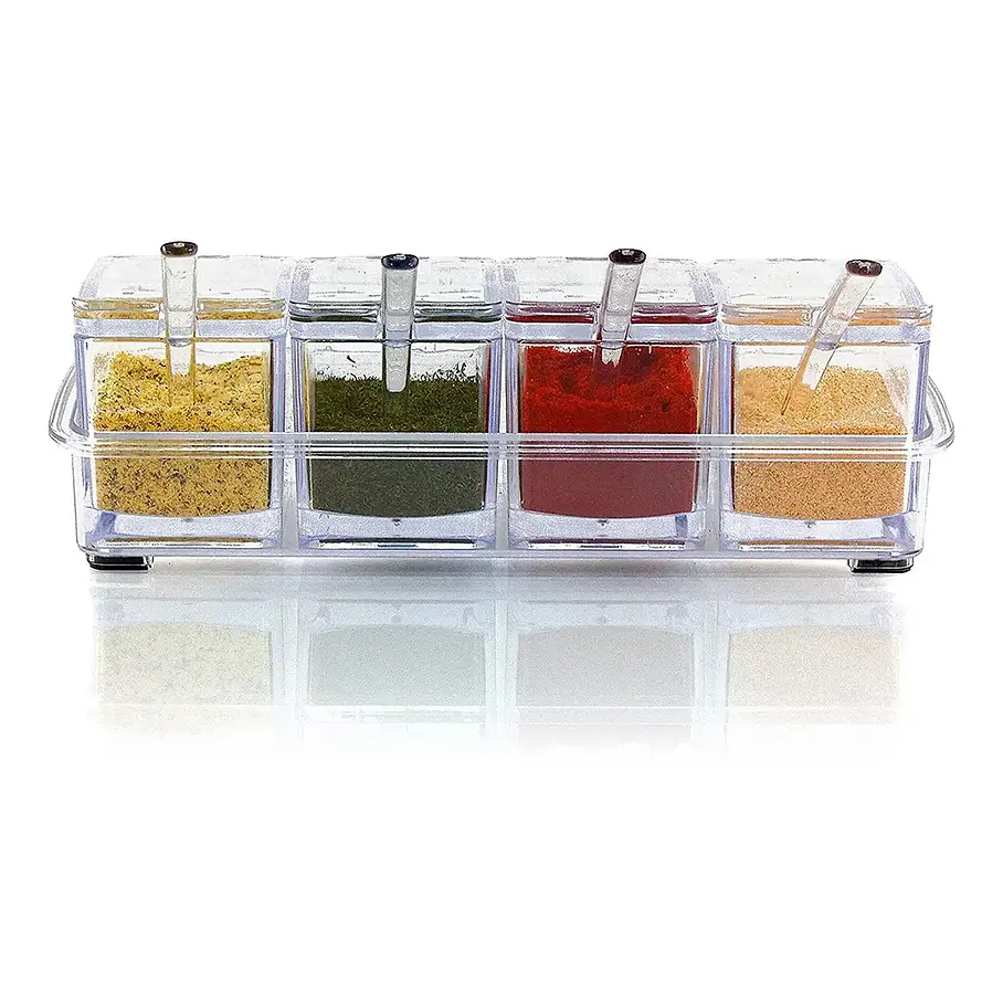 Especiero Condiméntero De Mesa Crystal 4 Tarros Acrílico Transparente Cuchara  5