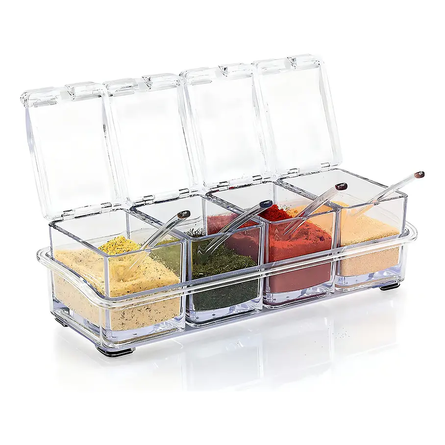 Especiero Condiméntero De Mesa Crystal 4 Tarros Acrílico Transparente Cuchara  1