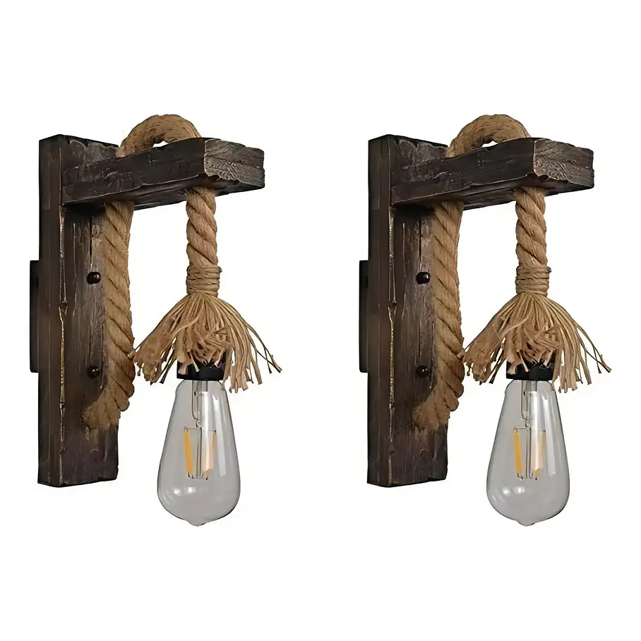 Aplique Lampara Muro Cañamo Madera Vintage Soga E27 Deco 5