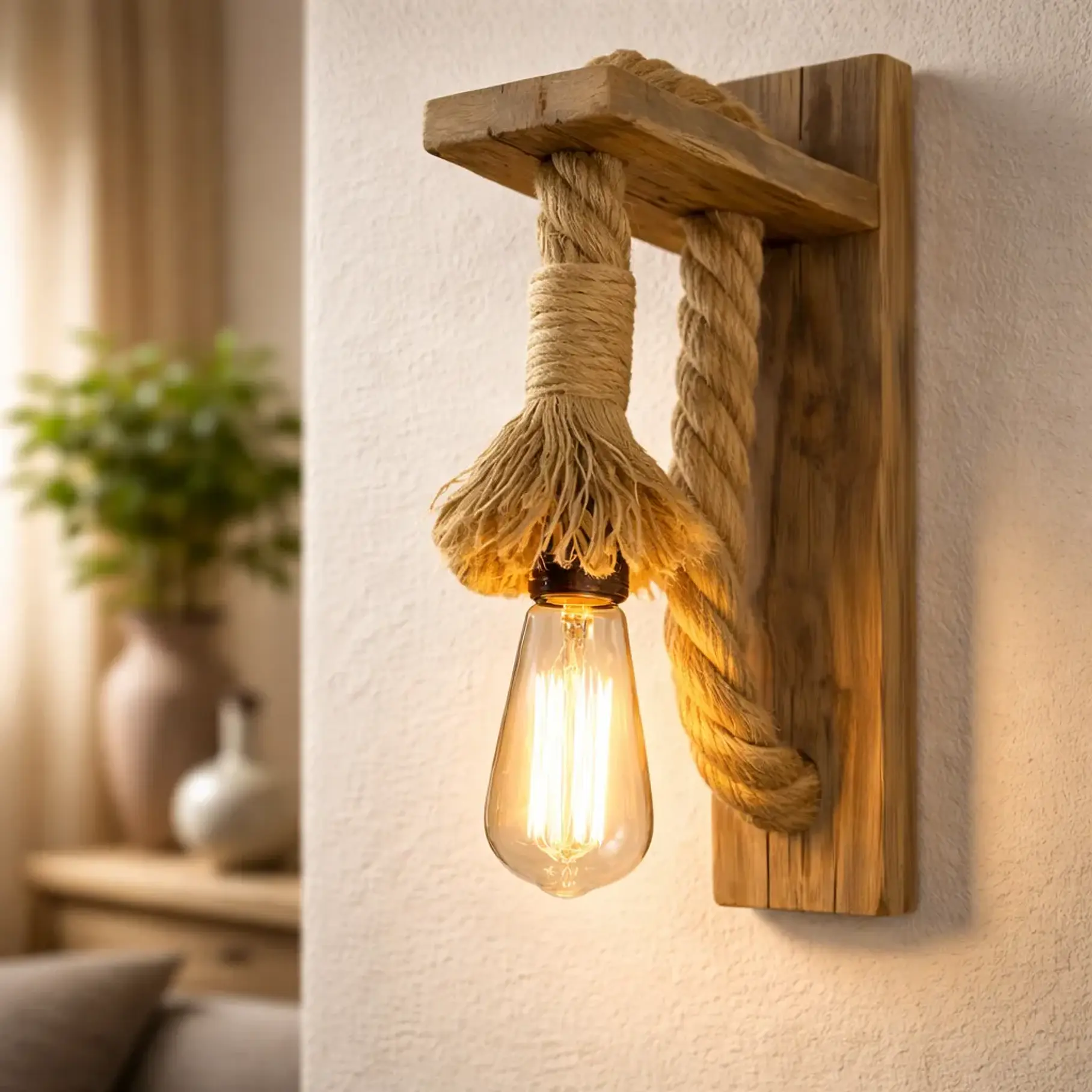 Aplique Lampara Muro Cañamo Madera Vintage Soga E27 Deco 1