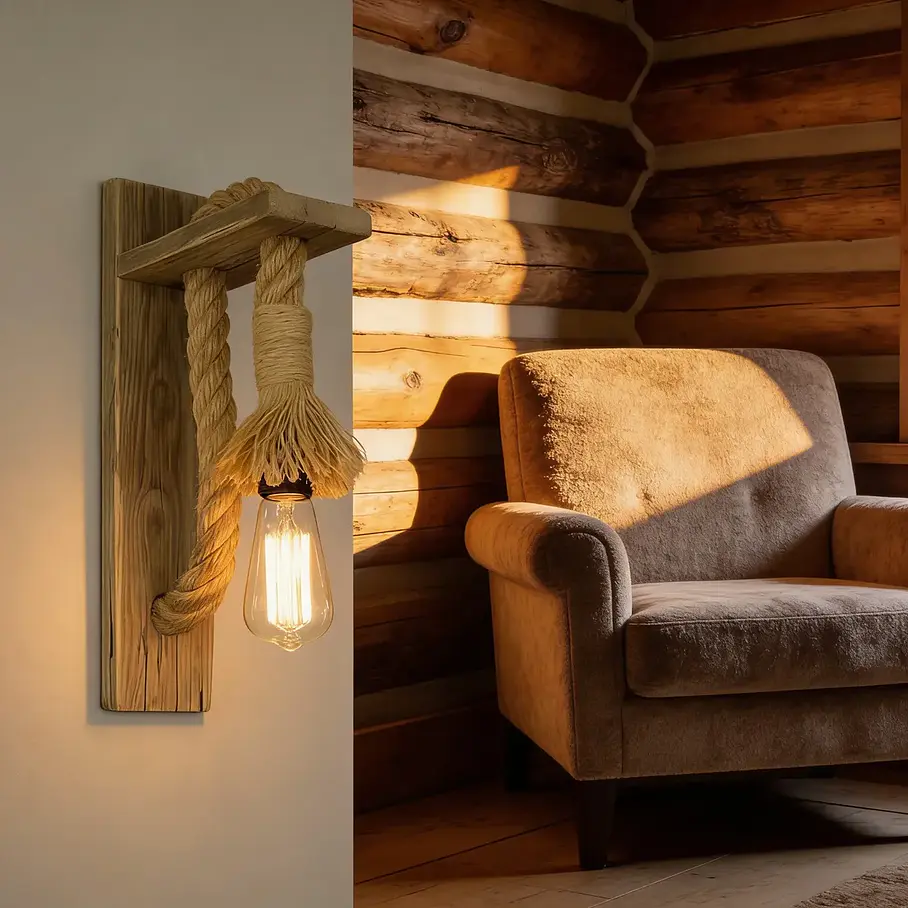 Aplique Lampara Muro Cañamo Madera Vintage Soga E27 Deco 6