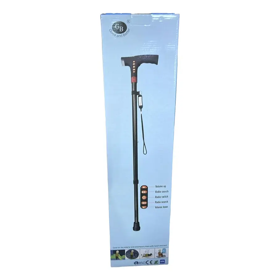 Bastón Ajustable Luz Led Linterna Alarma Radio Fm Mp3 Color Negro 2