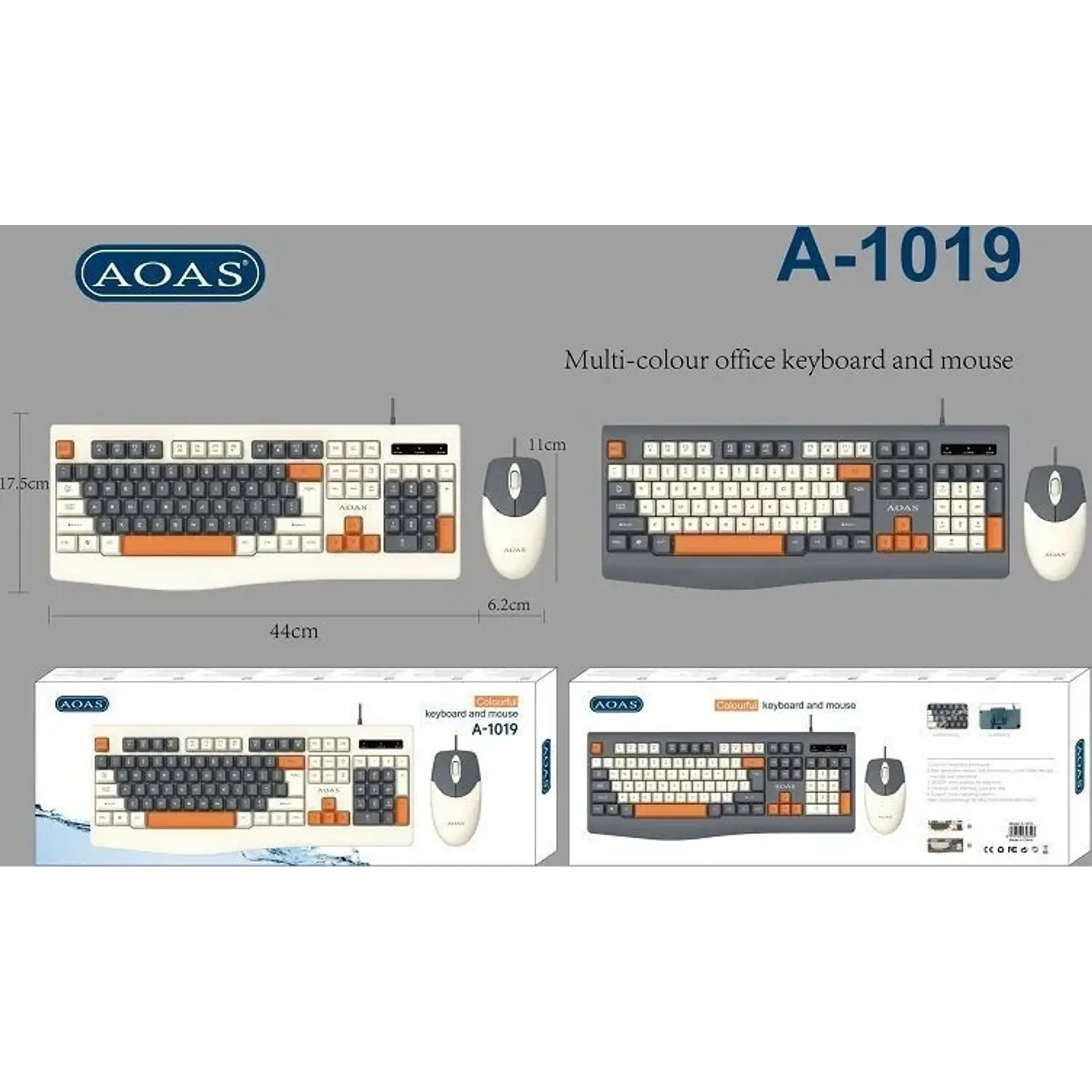 Pack De Teclado Y Mouse Kit Aoas A-1019 Keyboard Color Blanco Ergonomics Colourful Keyboard And Mouse USB Power 3