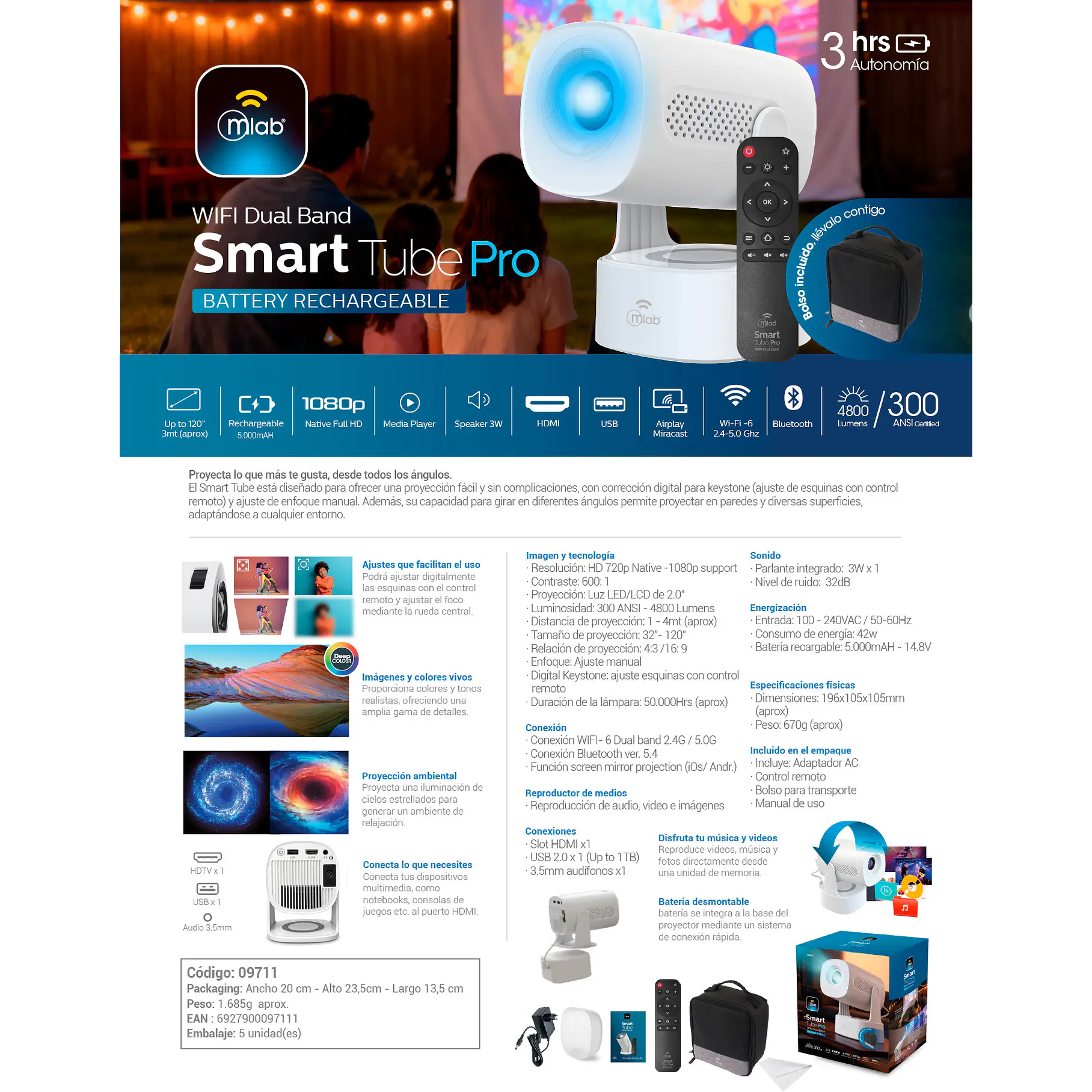 Proyector Blanco Tube SmartTubePro WIFI Dual Band – Bateria Recargable HD 1080 Conexión Wifi Bluetooth 5.4 Disfruta En Familia Y Amigos Este Proytector Películas Streaming 13