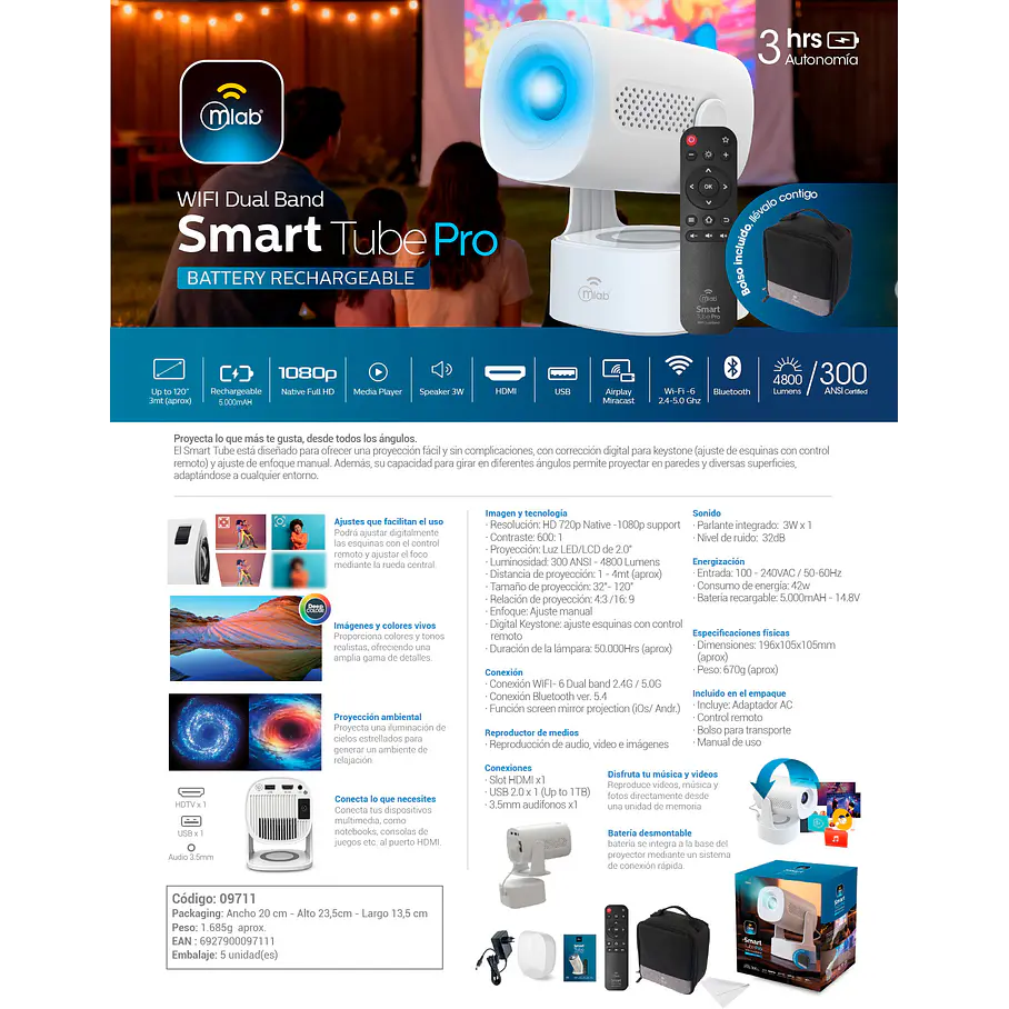 Proyector Blanco Tube SmartTubePro WIFI Dual Band – Bateria Recargable HD 1080 Conexión Wifi Bluetooth 5.4 Disfruta En Familia Y Amigos Este Proytector Películas Streaming 13