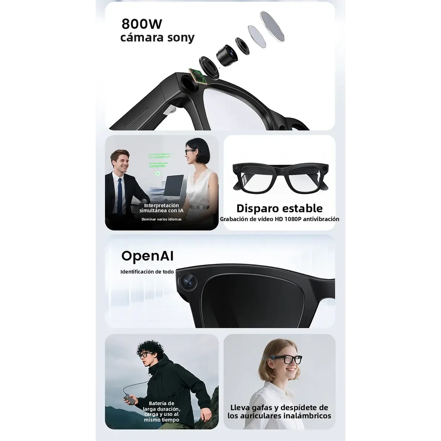 Lentes Gafas Inteligentes Ai Cámara 2k Traductor Wifi Audio Ai Smart Glasses G5 Camara Vidrio Cambiable  7