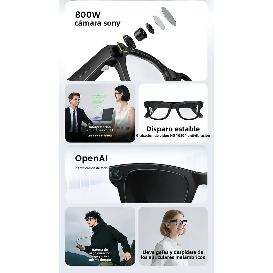 Lentes Gafas Inteligentes Ai Cámara 2k Traductor Wifi Audio Ai Smart Glasses G5 Camara Vidrio Cambiable  7