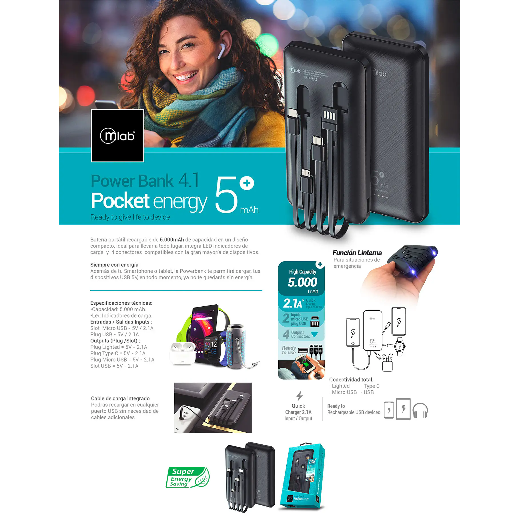 Batería portátil, Powerbank 4.1 Pocket Energy 5.000mAh 9217 Mlab  9