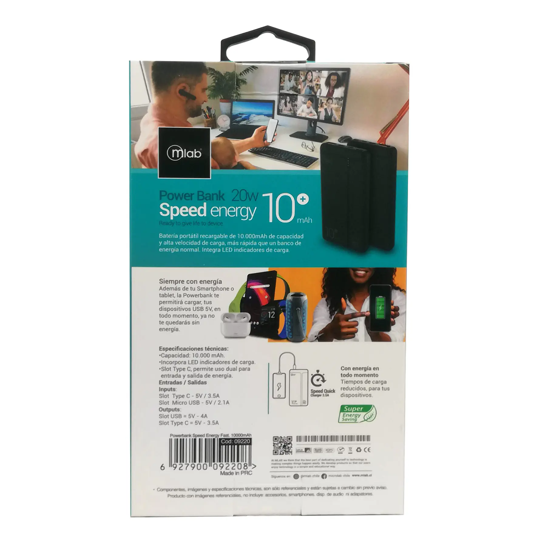 Cargador Batería portátil Powerbank Speed energy 20w / 10.000 mAh 9220 Mlab 3