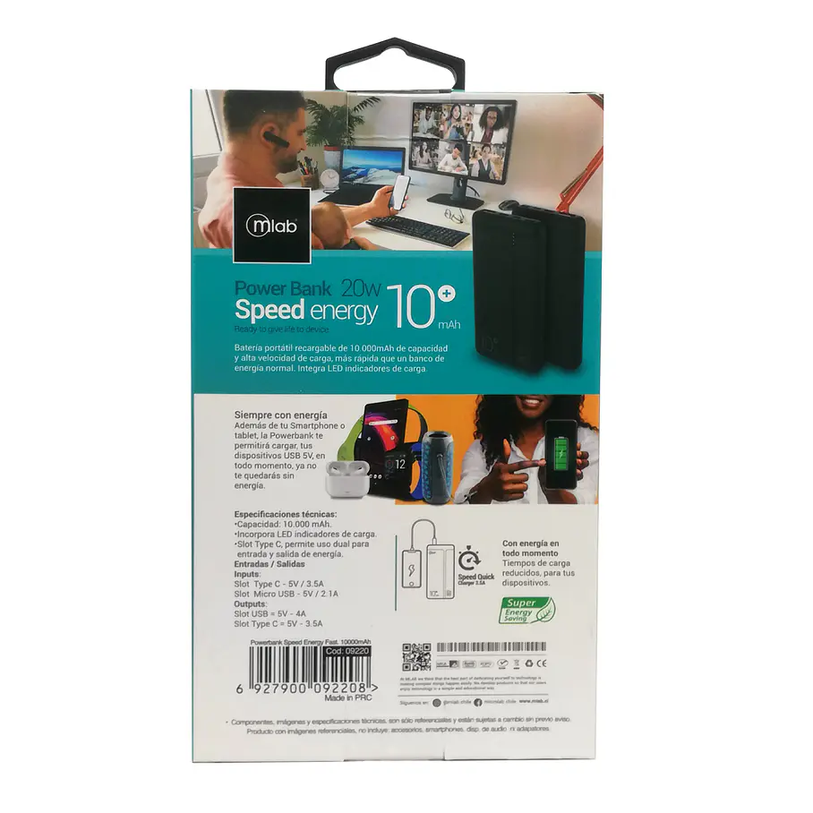 Cargador Batería portátil Powerbank Speed energy 20w / 10.000 mAh 9220 Mlab 3