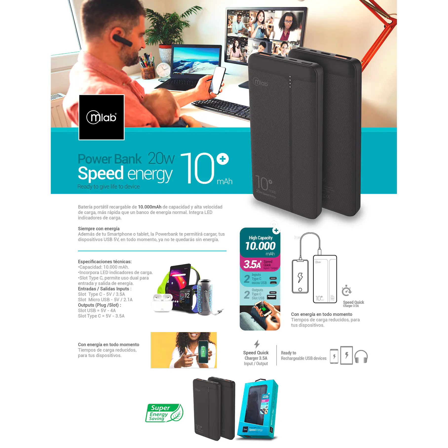 Cargador Batería portátil Powerbank Speed energy 20w / 10.000 mAh 9220 Mlab 9