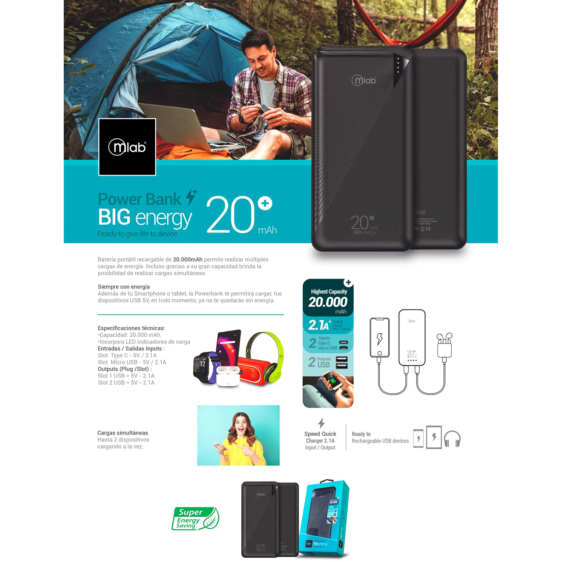 Cargador Batería portátil Power Bank BIG Energy 20.000 mAh 9221 MLAB 9